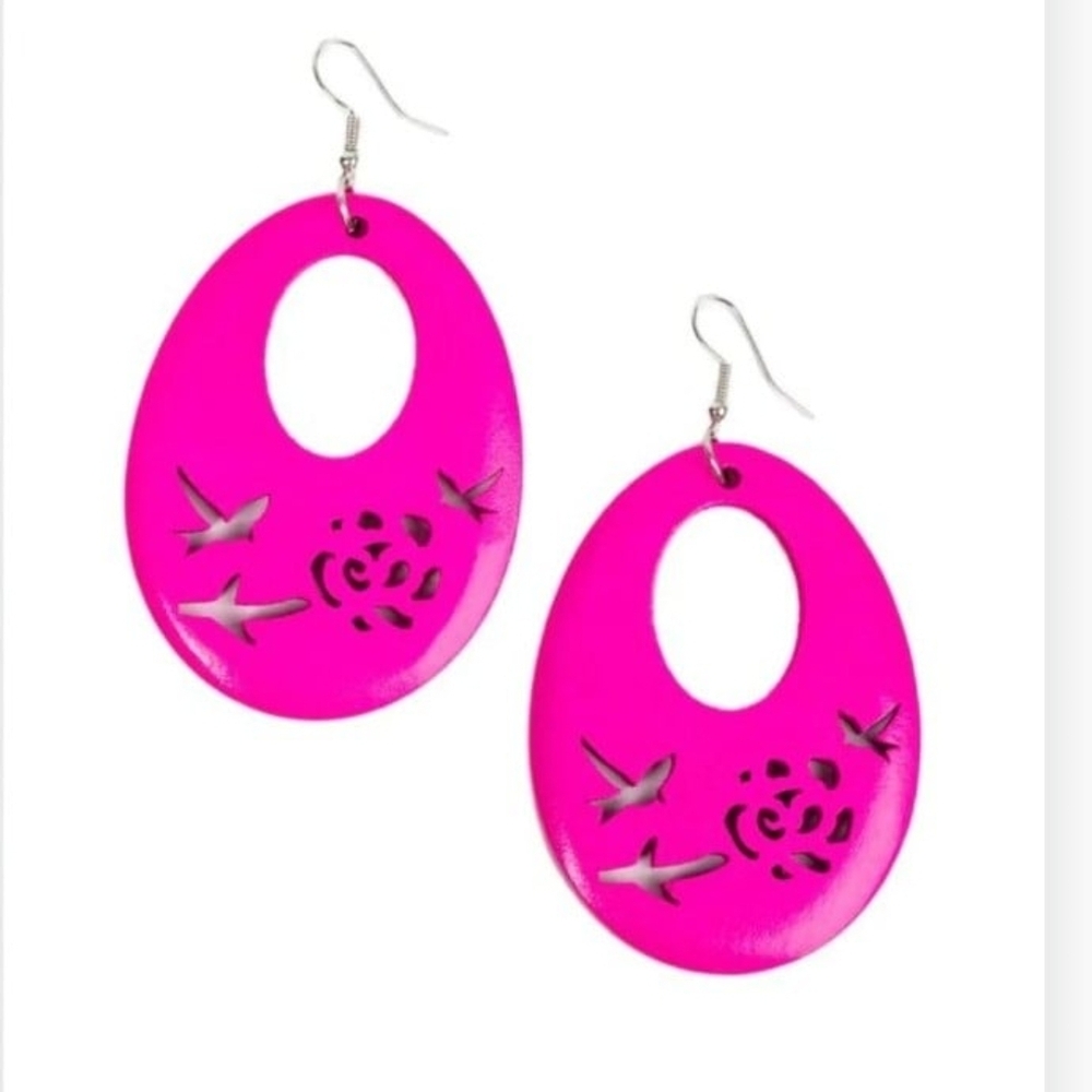 Home TWEET Home Wooden Paparazzi Hot Pink Oval Cutout Dangle Earrings